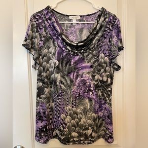 Dress Barn Cowl Neck Flutter Sleeve Blouse Shimmery Feathers Purple and Black XL